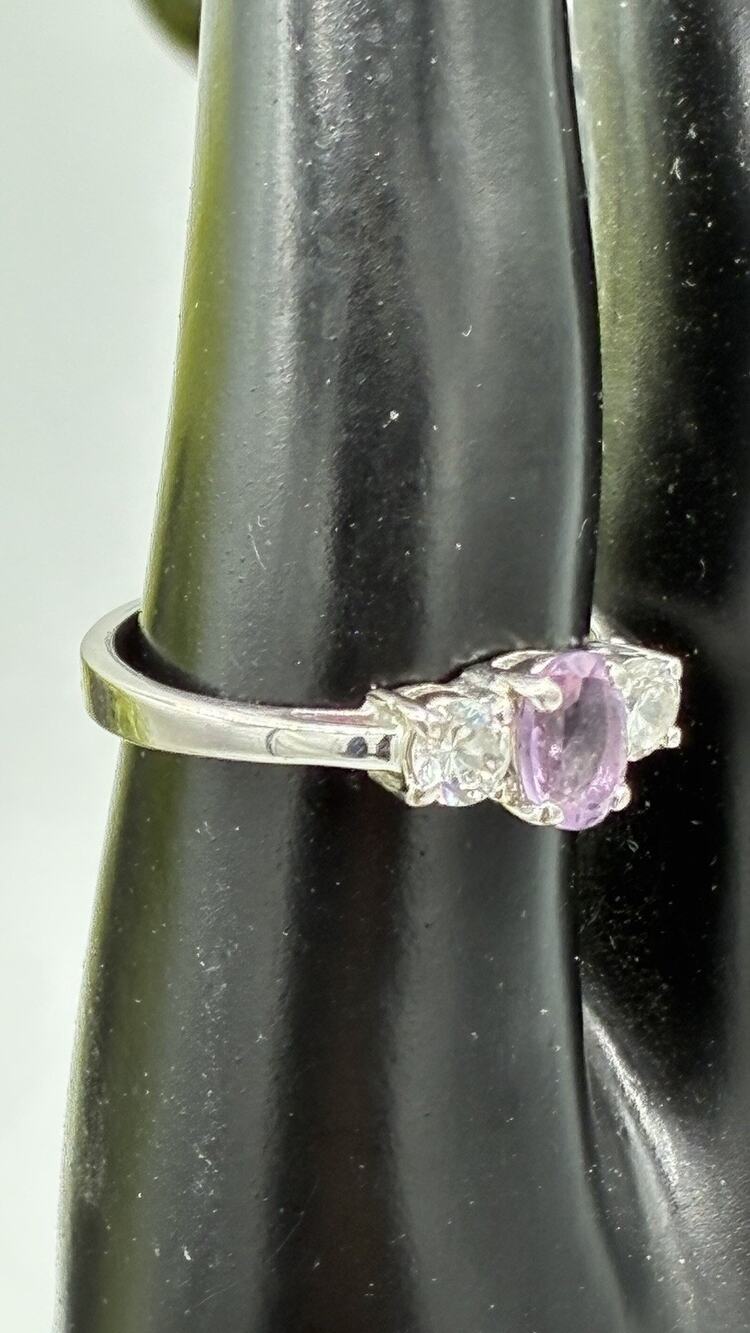 Sterling Silver 925 Three Stone Ring Lavender Purple CZ Amethyst Size 8.5